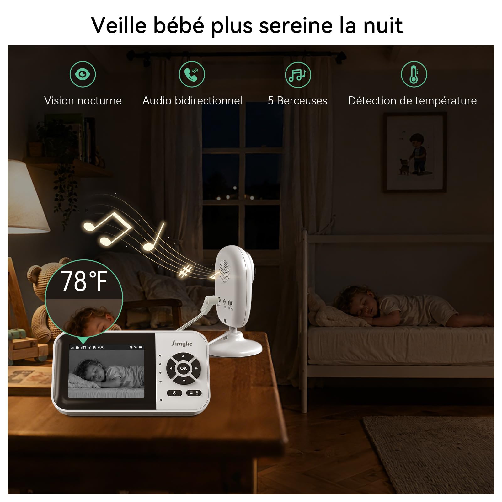 Simyke Babyphone 1080P caméra Double Connexion, écran 2,8" sans WiFi et app Smartphone WiFi 2,4 GHz, Vision Nocturne Nette, Dialogue bidirectionnel, alertes intelligentes, portée 360 m