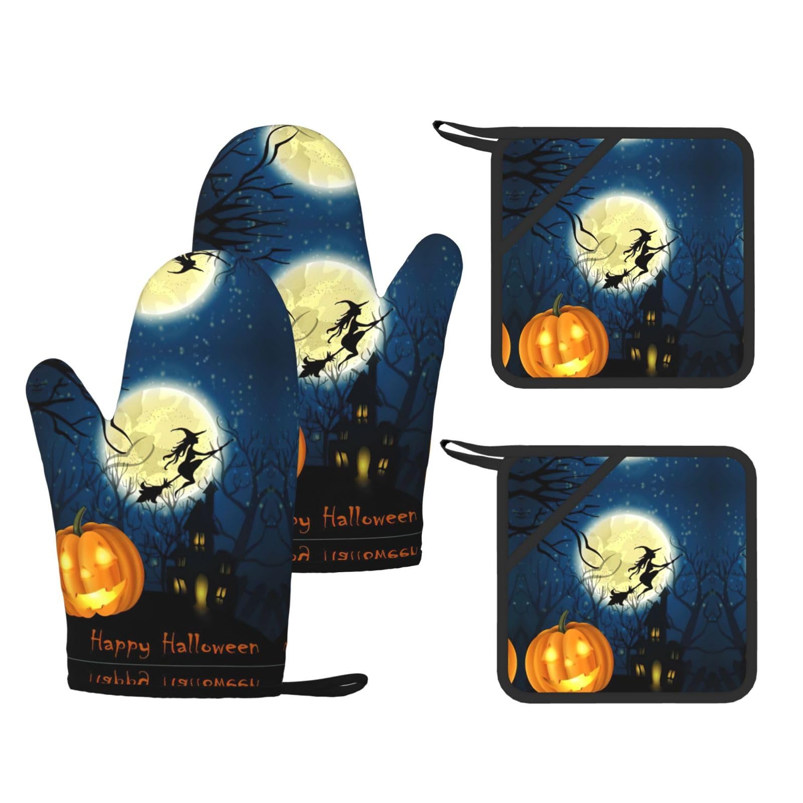 Pumpkin Halloween Printed Potholder and Oven Mitt Set of 4, High Heat Resistant Cooking Gloves for BBQ Grilling