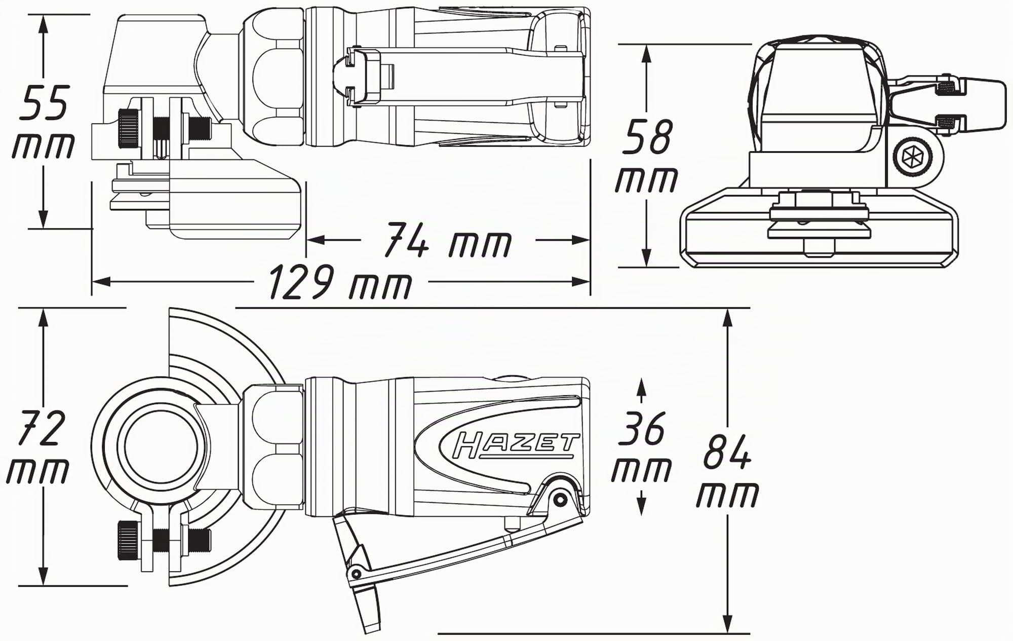 HAZET Mini Winkelschleifer 9033M-7, Länge 129 mm, Betriebsdruck 6.3 bar | Länge 129 mm, Betriebsdruck 6.3 bar, 530 g, Schalldruckpegel 85.8 dB(A) Lp A, Luftbedarf 84 l/min, Drehzahl max 18000 upm
