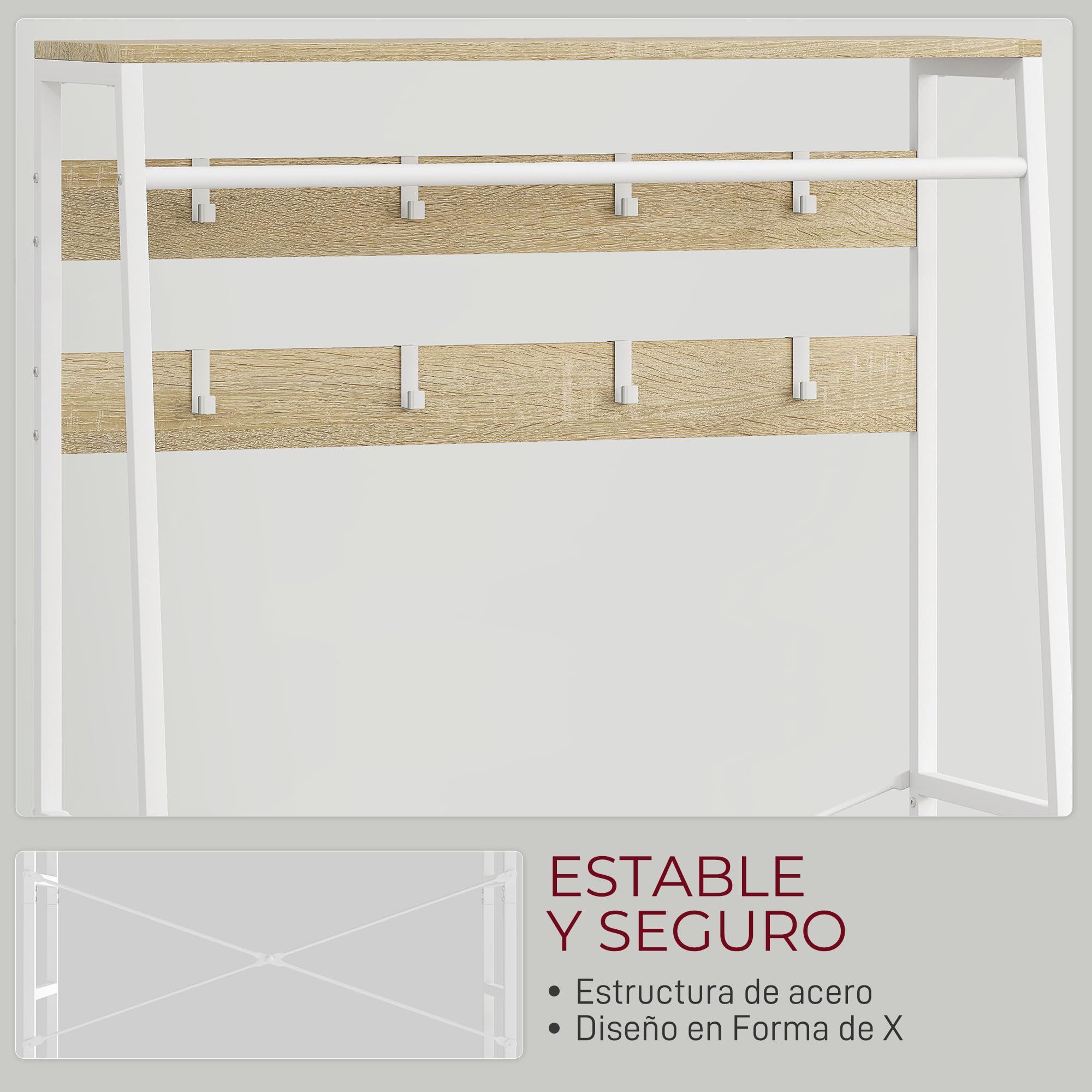 HOMCOM Perchero Zapatero Perchero Entrada Recibidor con Zapatero 8 Ganchos 2 Cajones de Tela Barra Estante de Malla Estilo Industrial para Colgar Ropa Pasillo Dormitorio Salón 80x30x180,5 cm Natural