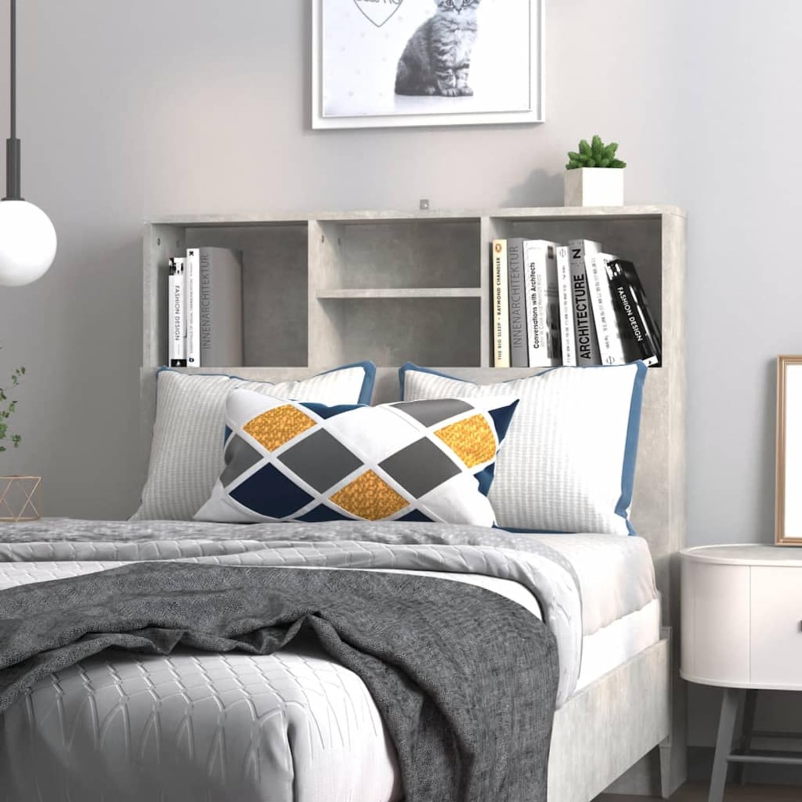 Homgoday Cabecero de cama con 4 compartimentos, estantería de pared, cabecero de cama con almacenamiento, cabecero de cama para cama, marco de cama, marco de cama, dormitorio, gris hormigón, 100 x 19