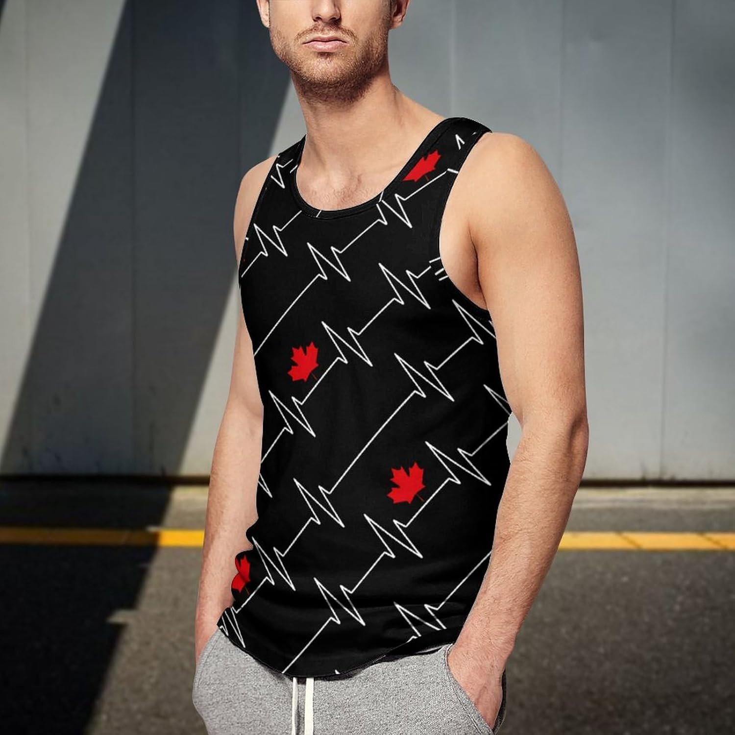 Heartbeat Maple Leaf Canada Flag Men's Tank Top Sleeveless Muscle Shirts Vest Beach T Shirts for Workout Gym