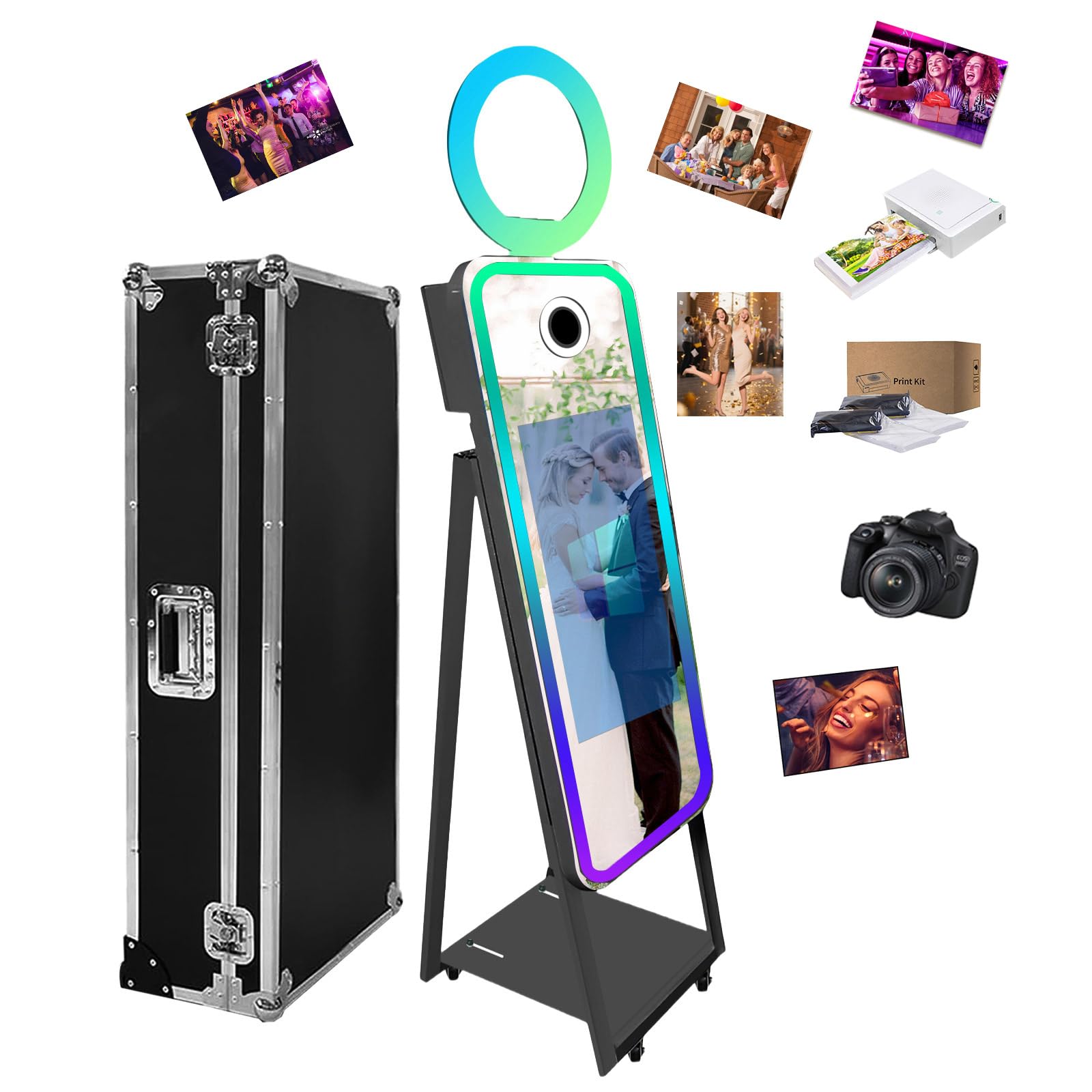 Magic Mirror - Cabina de fotos de 40 pulgadas, portátil con marco LED, mini espejo selfie integrado para eventos (negro)