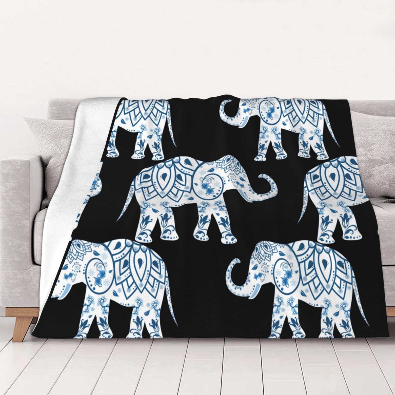 AUBKFELD Elephant-Blue Black Printed Flannel Blanket 150x125 CM, Soft & Warm Throw Blanket for Sofa/Couch/Bed/Car, Gifts for Audlts Women Men