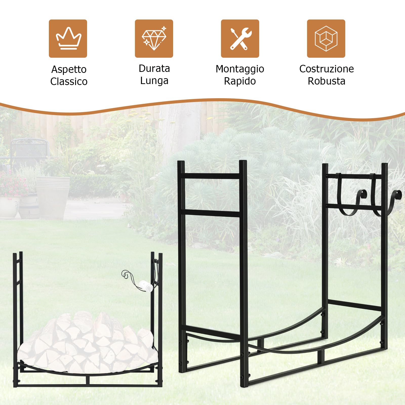 GYMAX Porta Legna da Ardere, Portalegna da Interno Esterno con Supporti per Accendifuoco Staccabili, Portalegna Robusto in Acciaio Facile da Montare, 83 x 33 x 77 cm, Nero