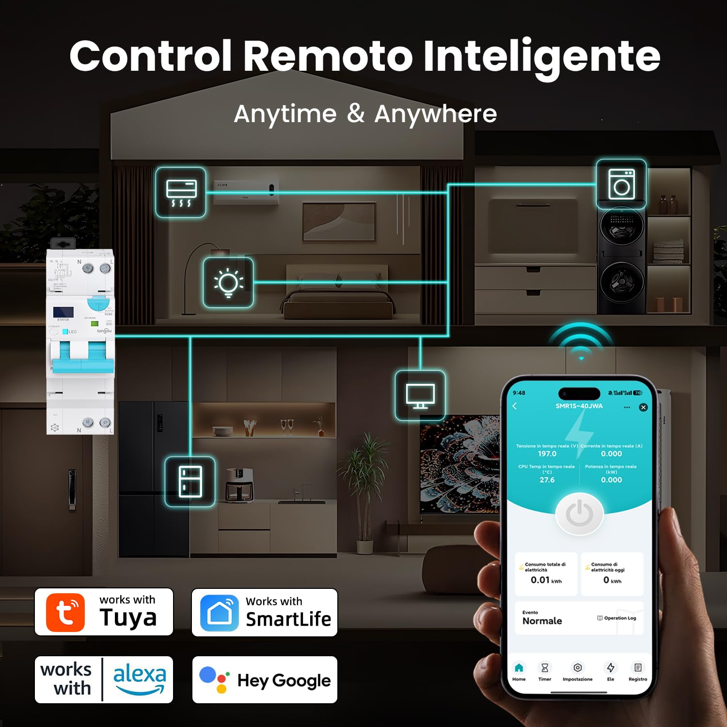 TONGOU Interruptor diferencial Superinmunizado WIFI/TUYA App， Auto Rearmable Disyuntor 1P+N，Rearme Automatico con Sobrecorriente y Fugas 1-40 A, 30-100 mA ajustable ，Clase AC 6Ka Carril Din RCBO