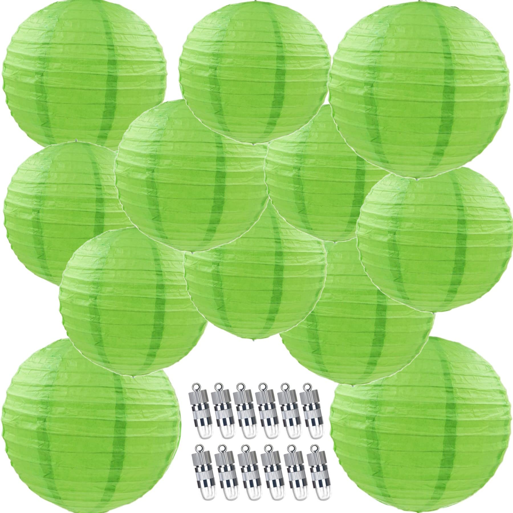 NUDALA 12 Packs LED Paper Lantern with Lights ,6" 8" 10" 12" Round Hanging Chinese/Japanese Ball Lantern for Wedding Anniversary Birthday Party Decorations (Green)