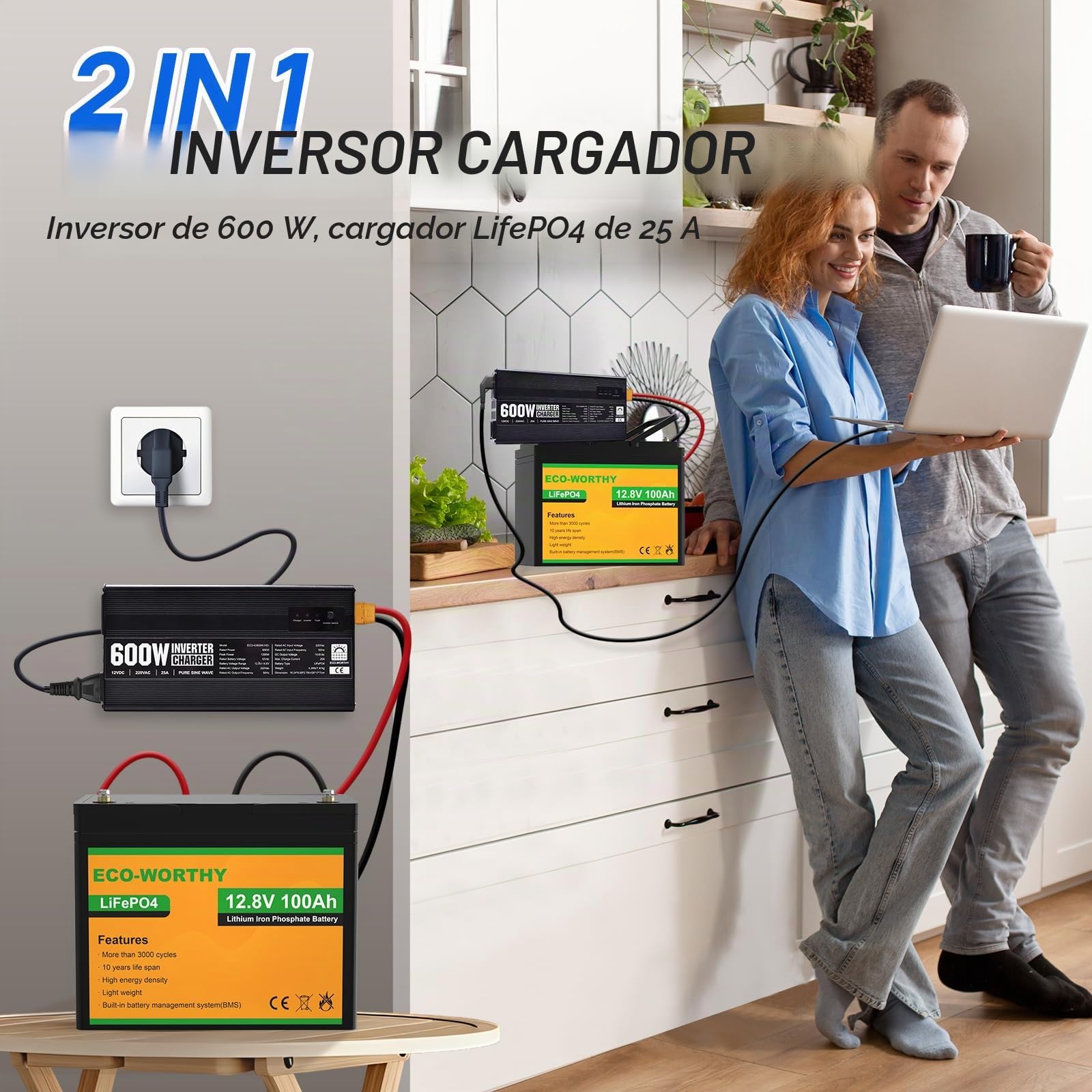 ECO-WORTHY Cargador LiFePO4 14,6V 25A con inversor 600W 12V a 230V, Circuito de prioridad de Red y función UPS, para batería LiFePO4 de Ciclo Profundo, Coche, camión, Turismo