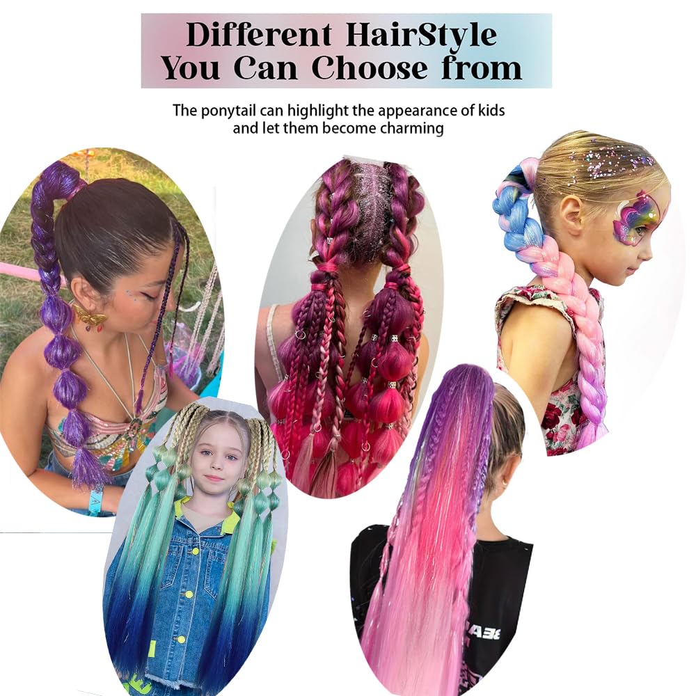 Coloured Ponytail hair Extension with Hair Tie Glitter Tinsel Hair Extension for braiding Natural Soft Pony tail Synthetic Hairpiece for Girl Women Cosplay party (blonde Lake Blue Blue) - Image 4