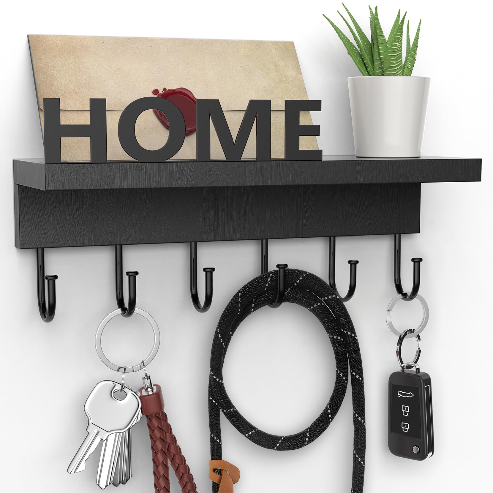 Key Holder Wall Mount with 6 Metal Hooks, Entryway Rack Mail Holder, Wooden Shelf, Black (Length 9.8 Inches)