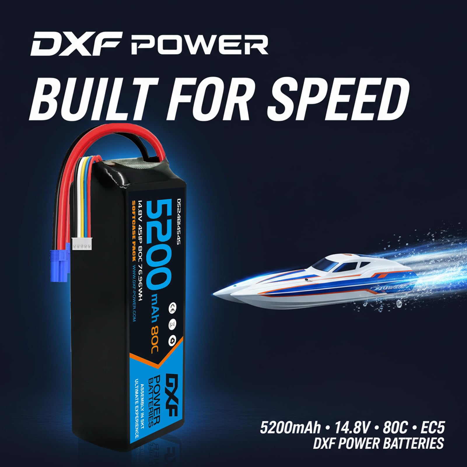 DXF Batteria LiPo 4S 14.8V 5200mAh 80C Custodia Morbida Spina EC5 Compatibile Auto RC 1/8 1/10 Veicoli Elettrici Leggera Alta Capacità Lunga Durata 2 Pezzi