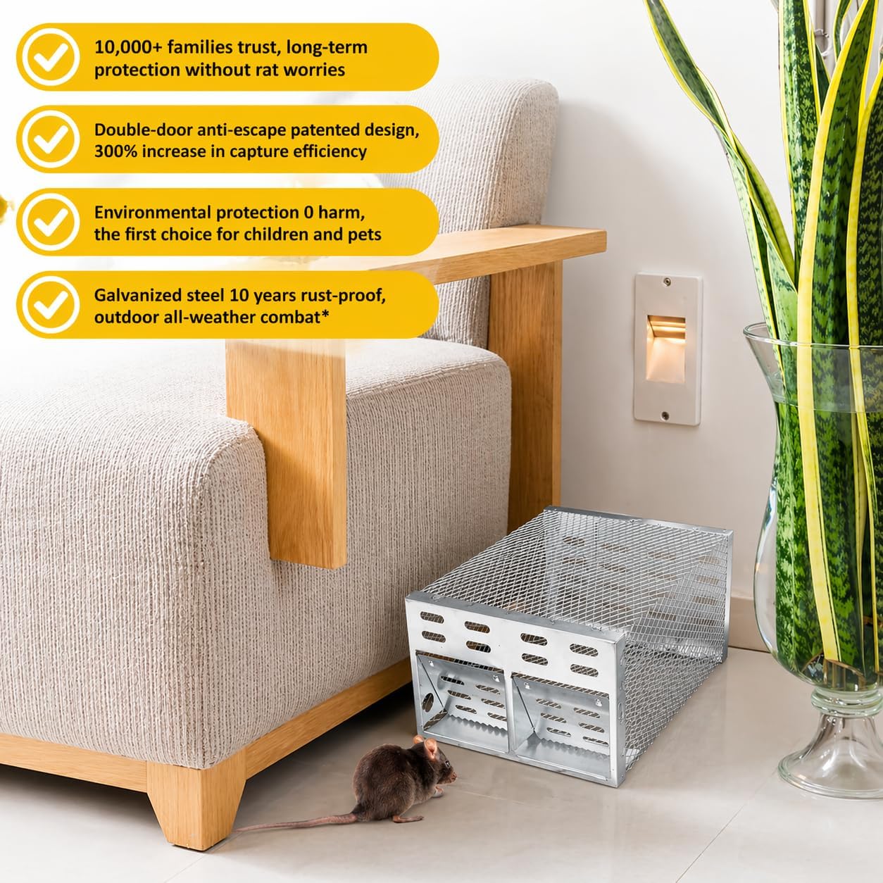 Humane Rodent Trap for Indoor & Outdoor Use - Automatic Multi-Catch Metal Cage with Double One-Way Doors, Reusable Safe Trap for Mice, Chipmunks & Small Animals (Grey)