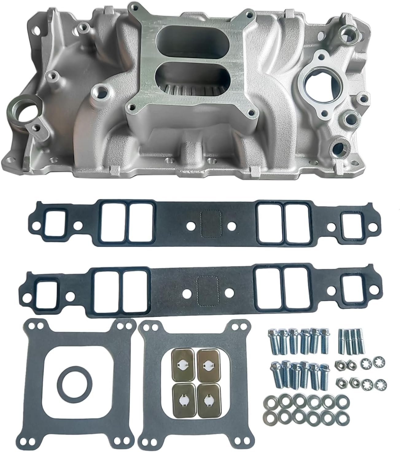 Aluminum Dual Plane Intake Manifold w/Gasket Bolts Studs Replacement for Chevy Small Block SBC 262-400 V8 1955-1986 2701 2040