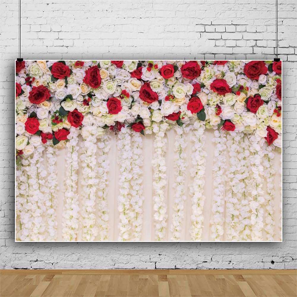 Leowefowa Wedding Rose Floral Wall Backdrop Romantic Red White Rose Flower Background for Lover Reception Bridal Shower Brithday Newborn Party Banner
