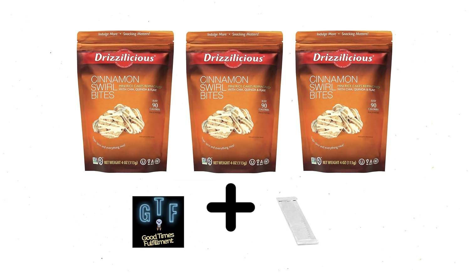 Drizz - Mini Rice Crisp Cinnamon Swirl Bites 3-Pack (4 oz. per bag) Plus GTF Sticker & Spearmint Gum Stick