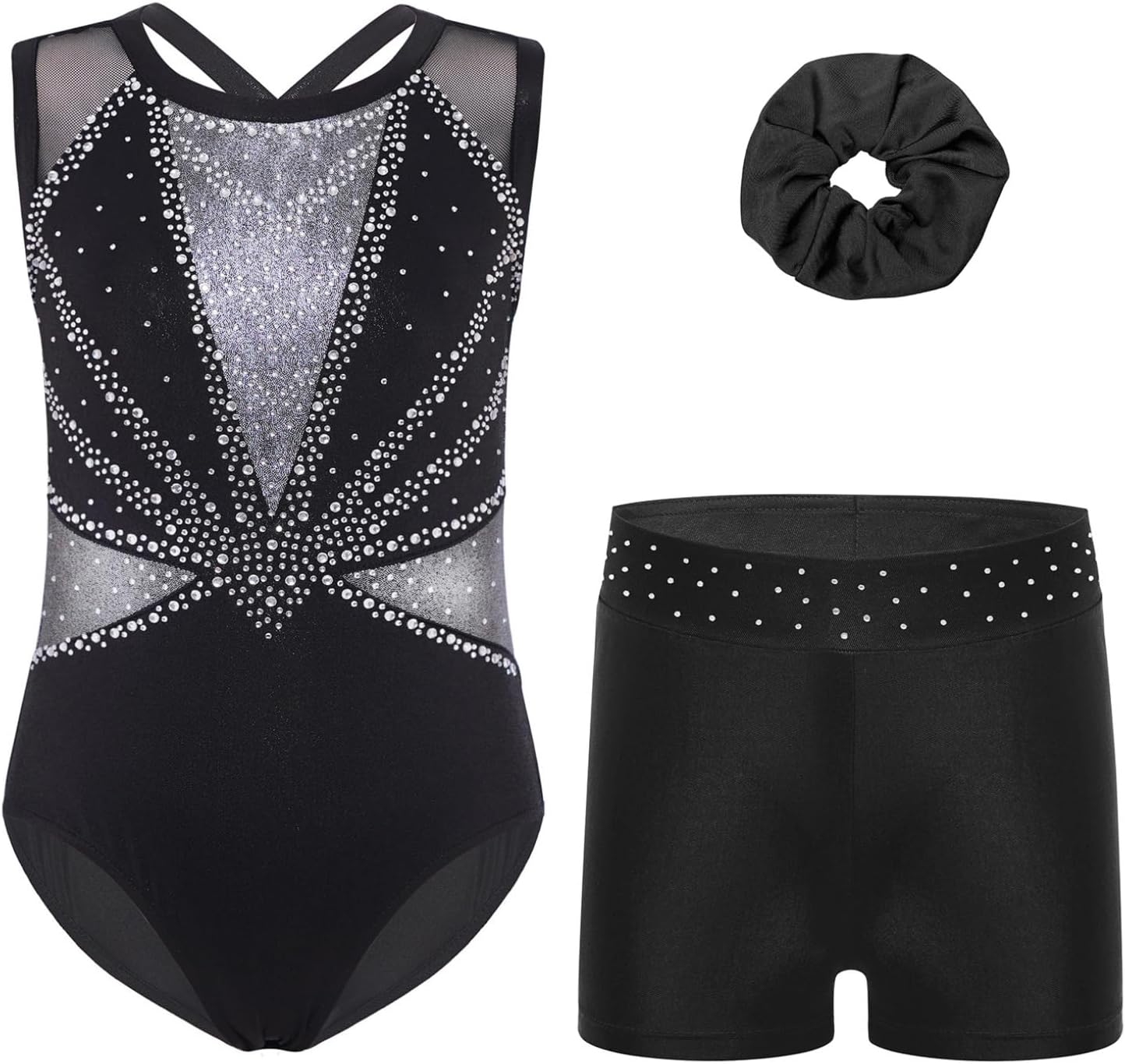 ACSUSS Gymnastics Leotard for Girls Sleeveless Shiny Ballet Dance Dance Unitard Biketard with Shorts Hair Scruchies Black Silver 11-12 Years