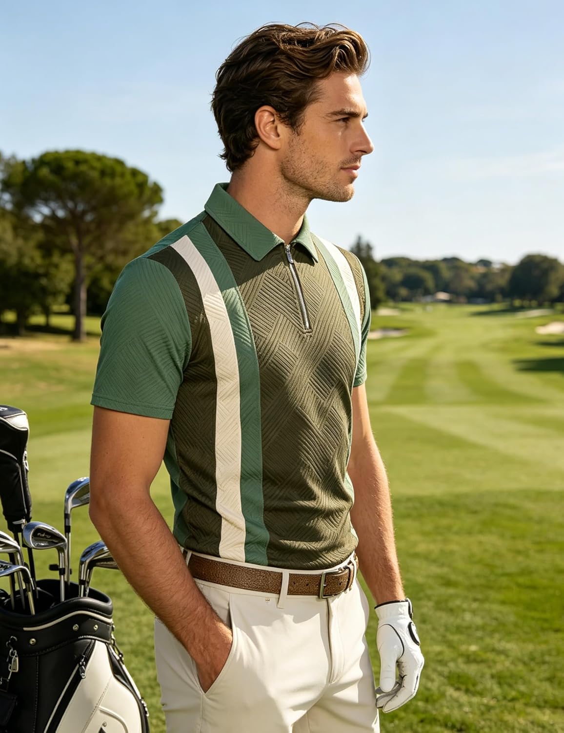 UOUA Men's 1/4 Zip Polo Shirts Summer Short Sleeve Sweatshirts Vintage Striped Texture Tops Casual Golf Tee