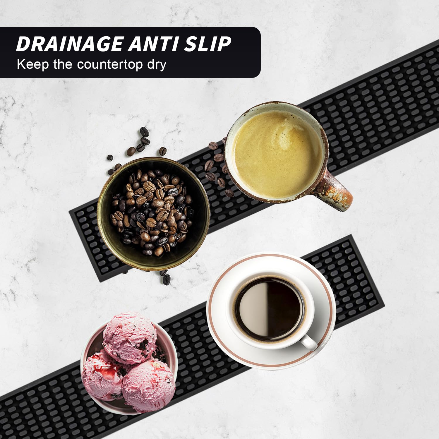 Ciasna mata ociekająca, antypoślizgowa mata barowa, przedłużone silikonowe maty odpływowe kuchenne do szklanek, butelek, desek do krojenia (60 x 8 x 1 cm, czarna)