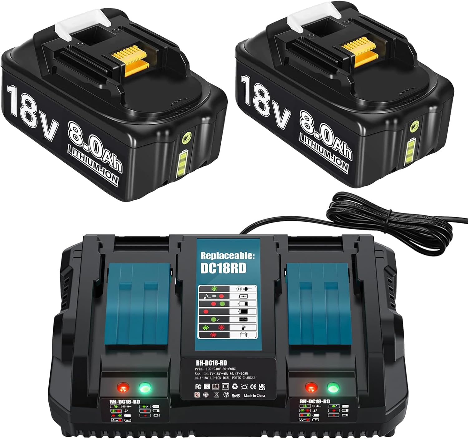 2X 18V 8.0Ah Akku für Makita, Powtree Ersatzakku für Makita 18V BL1860B Kompatibel mit BL1860 BL1850 BL1850B BL1840 BL1840B BL1830 BL1830B BL1815 LXT Akku-Elektrowerkzeuge mit LED-Anzeige