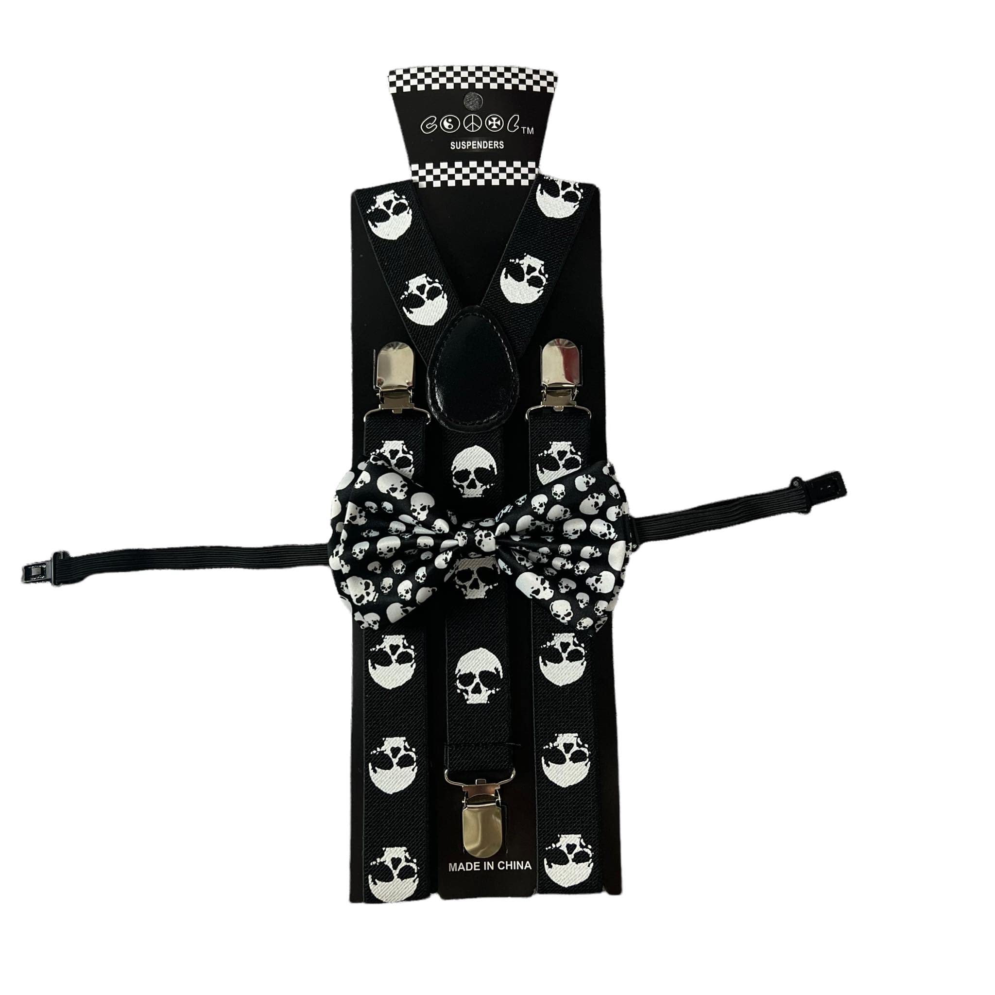 Novelty Halloween Accessories Adjustable White Bow Tie & Suspenders (SKULL HEAD)