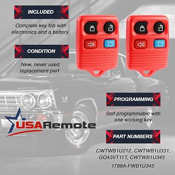 Key Fob Keyless Entry Remote fits Ford, Lincoln, Mercury, Mazda Mustang (Red), Set of 2