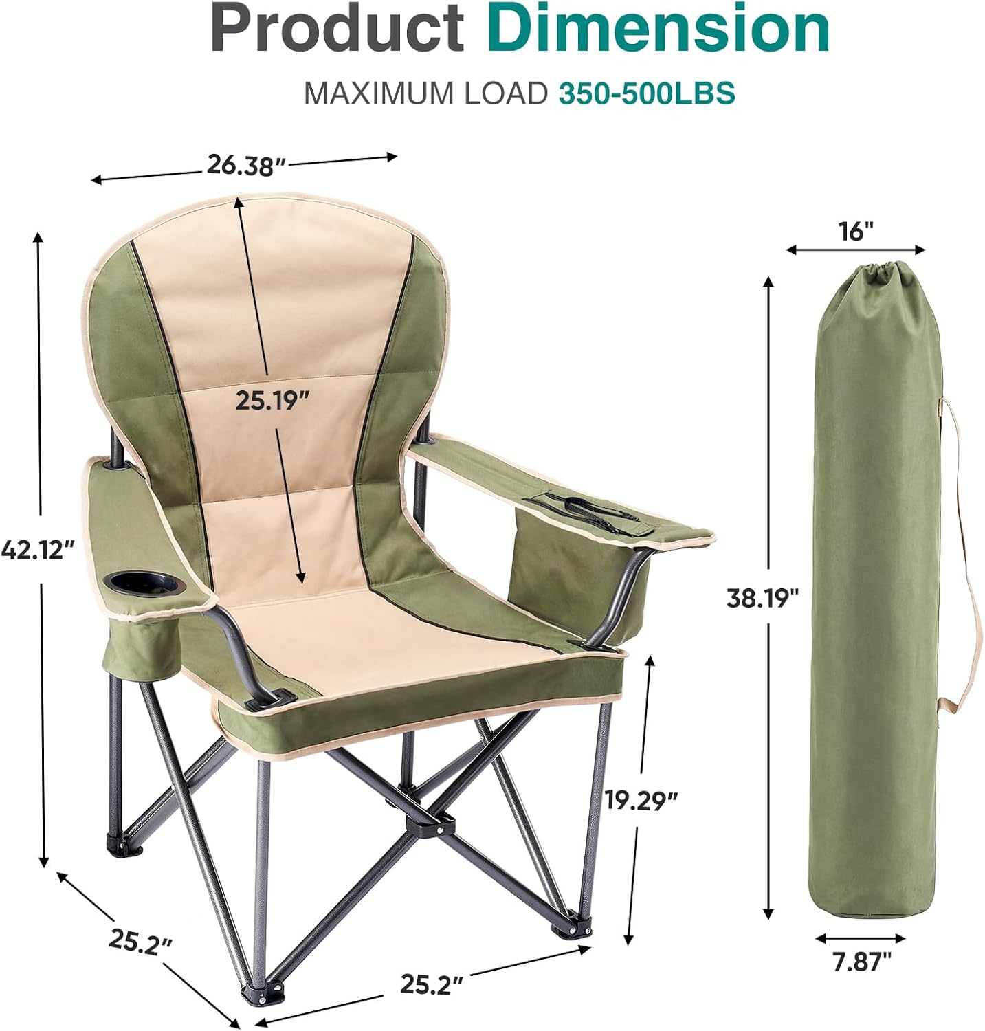 OLIXIS Folding Camping Chair, Portable Collapsible Chair with Cup Holder, Non-Slip Feet, Heavy Duty Lawn Chair for Hiking Beach Sports, Cooler Bag, Thicken 300D Oxford, 500 LBS, Green