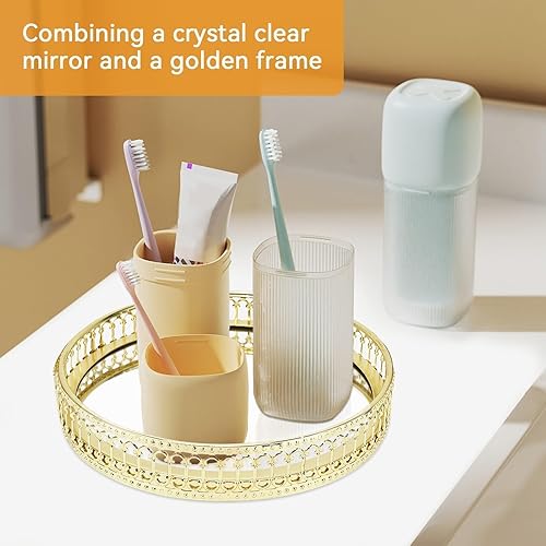 Miniatura 9 de Bandeja de espejo, bandeja de espejo dorada, bandeja redonda ornamentada, organizador de perfumes, bandeja de maquillaje, bandeja organizadora de