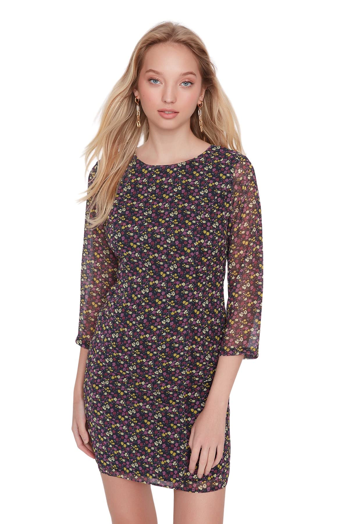 TRENDYOL Damen Woman Mini Gerüschter Saum Rundhalsausschnitt Webstoff Kleid, Schwarz, 42