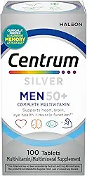 Centrum Multivitamínico prata para homens 50 Plus, suplemento multimineral, vitamina D3, vitaminas B e zinco, sem glúten, ingredientes não OGM, auxilia na memória e cognição em adultos mais velhos -