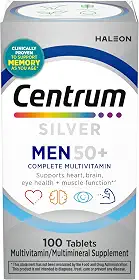 Centrum Multivitamínico prata para homens 50 Plus, suplemento multimineral, vitamina D3, vitaminas B e zinco, sem glúten, ingredientes não OGM, auxilia na memória e cognição em adultos mais velhos -