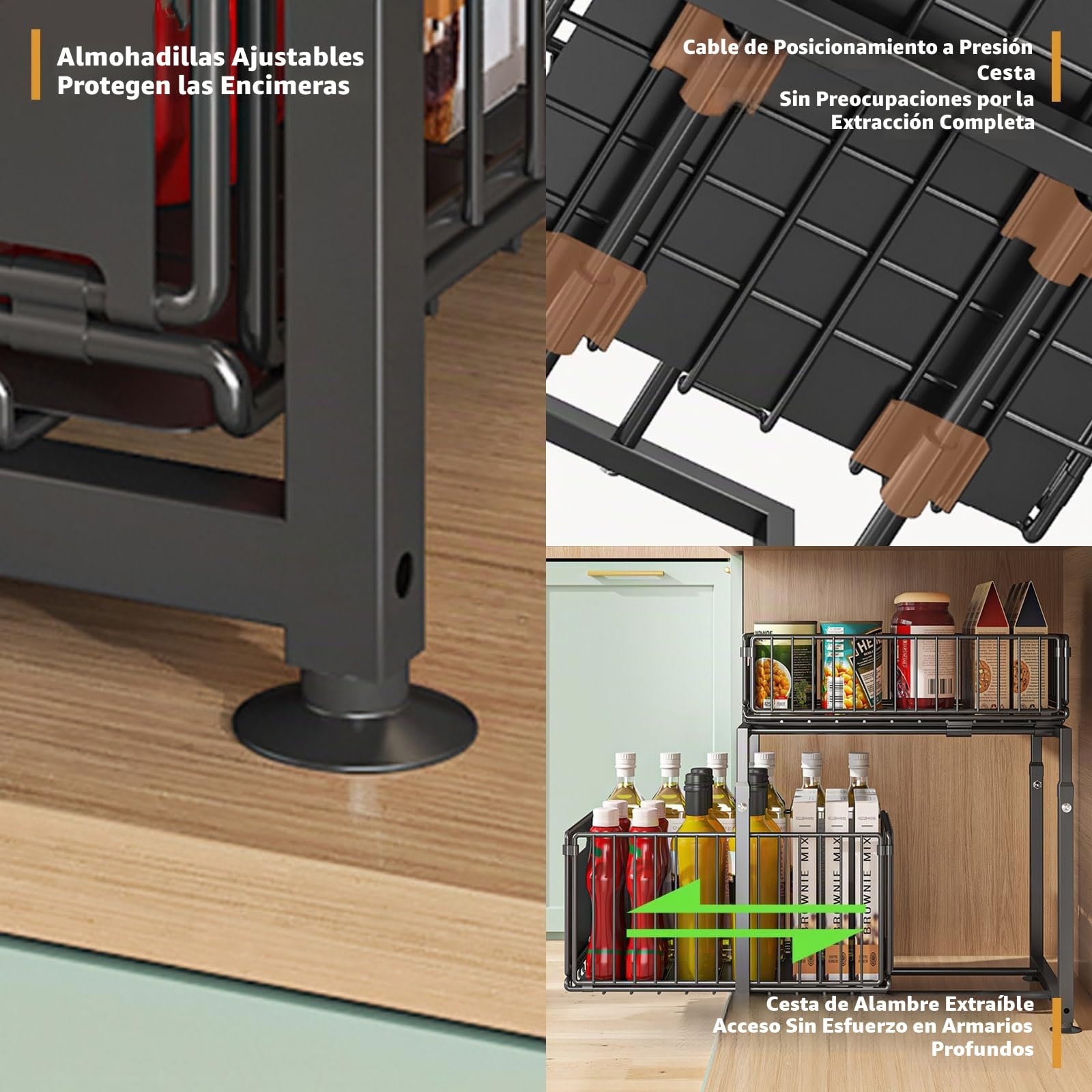 Juego de 2 Organizadores Bajo Fregadero con Cestas Extraíbles – Estante de Cocina Ajustable en Altura de Acero al Carbono, Estable y Antideslizante, Almacenamiento para Cocina, Baño y Despensa
