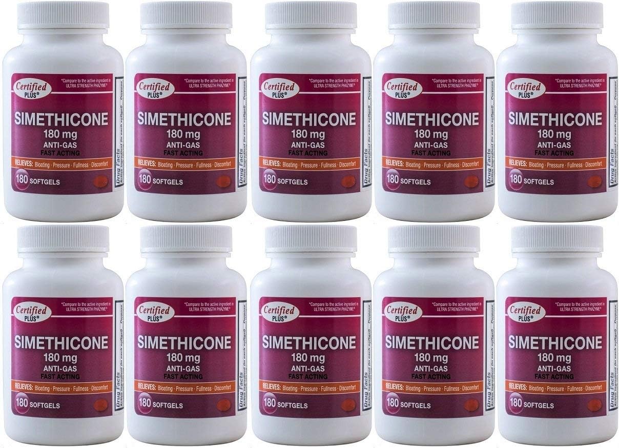 Simethicone 180 mg 1800 Softgels Anti-Gas Generic for Phazyme Ultra Strength Fast Relief of Stomach Gas and Bloating 180 Gelcaps per Bottle Pack of 10 Total 1800 Gelcaps