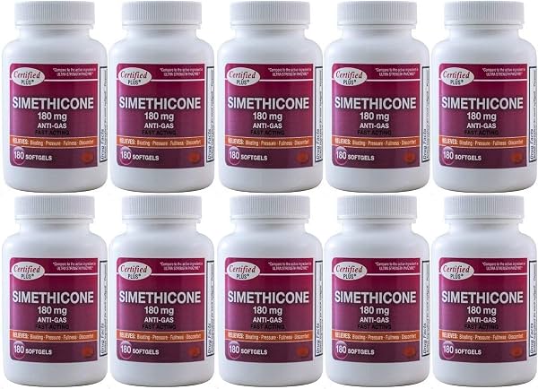 Simeticona 180 mg 1800 cápsulas blandas antigás, genérico de Phazyme fuerza ultra, alivio rápido de gases estomacales e hinchazón, 180 cápsulas por frasco, paquete de 10, total 1800 cápsulas