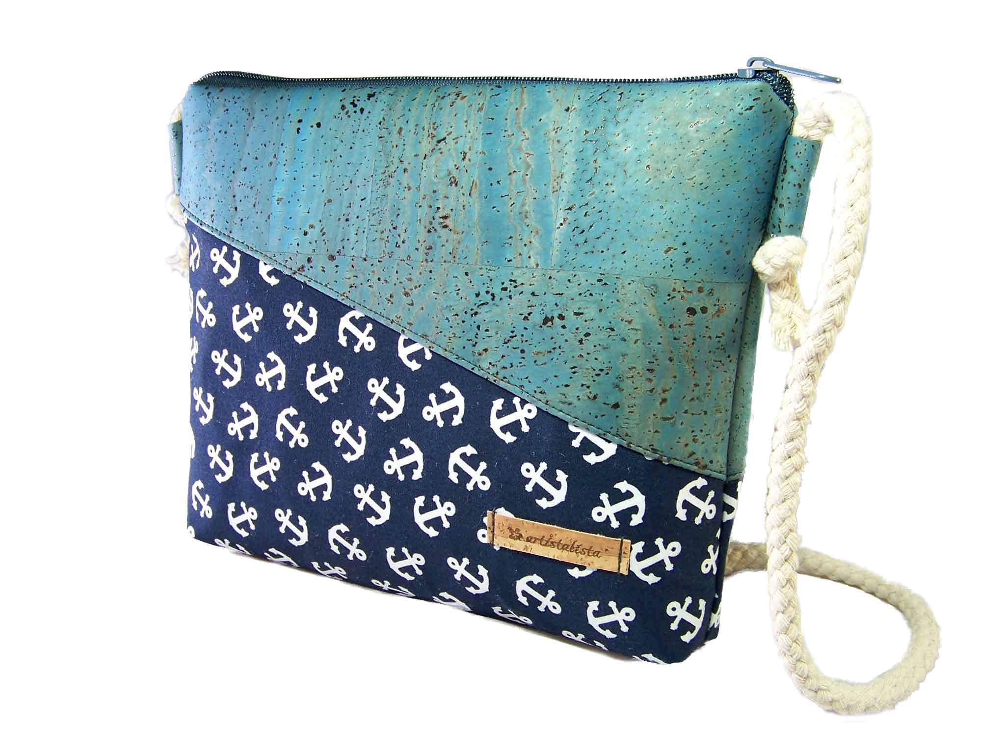 Handmade Korktasche mit Anker Stoff + Kork Schultertasche Umhängetasche Damen Tasche Handtasche, nachhaltig vegan und fair