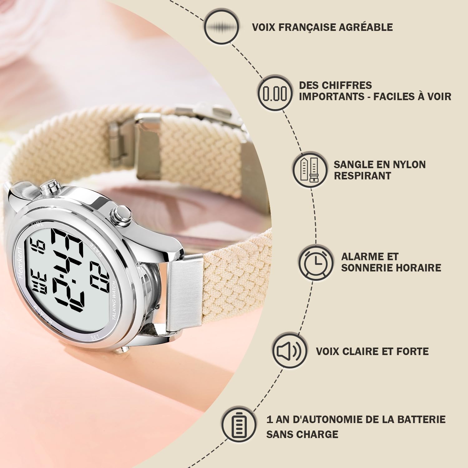 Hearkent Montre parlante numérique pour Femme avec Voix française agréable, écran LCD à Grands Chiffres, pour Personnes malvoyantes, âgées ou aveugles