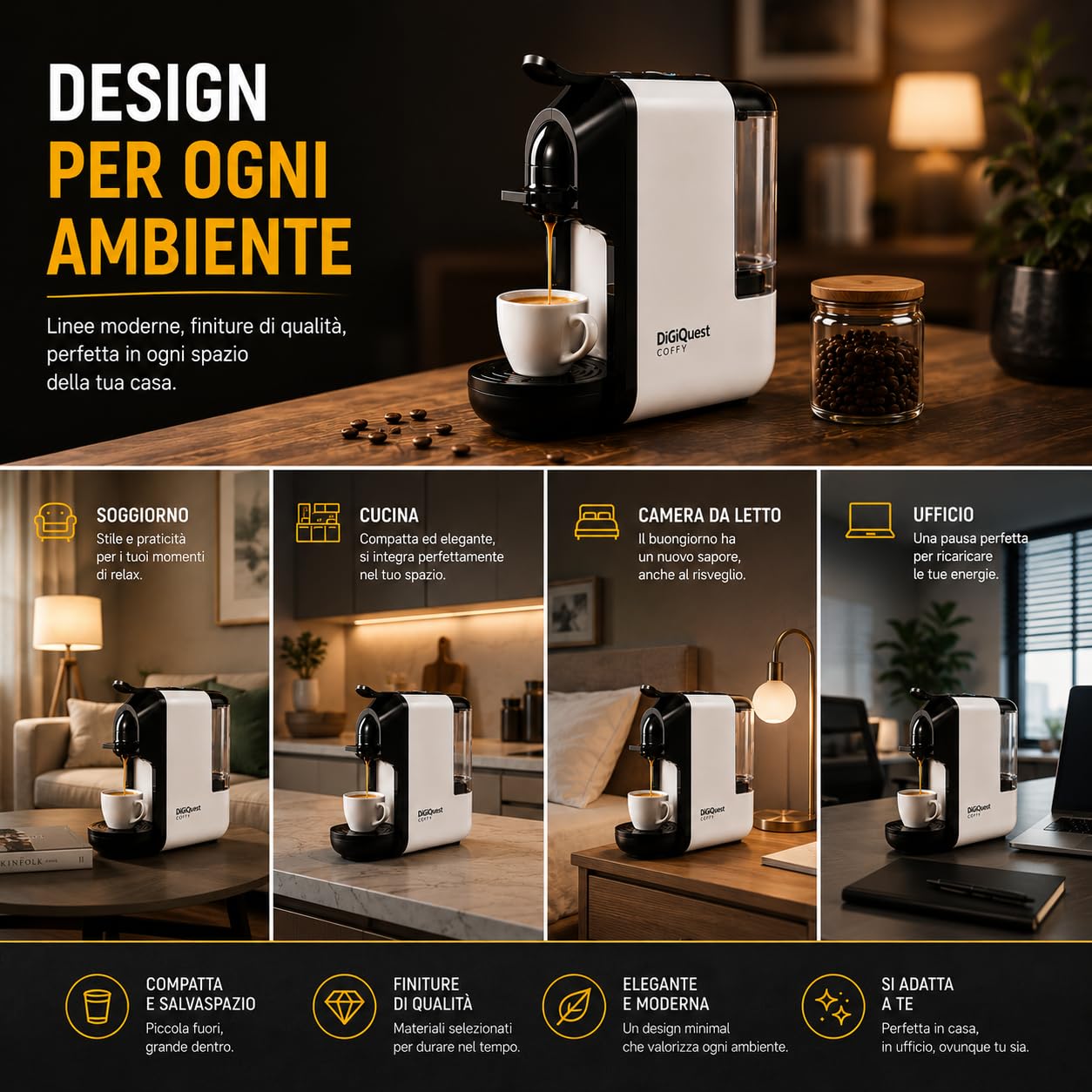 DIGIQUEST Cafetera COFFY WHITE 3 en 1 compatible con Nespresso®, Dolce Gusto® y A Modo Mio® | Café corto y largo | 1450 W de potencia | 0,6 litros | 19 bar | Edición limitada