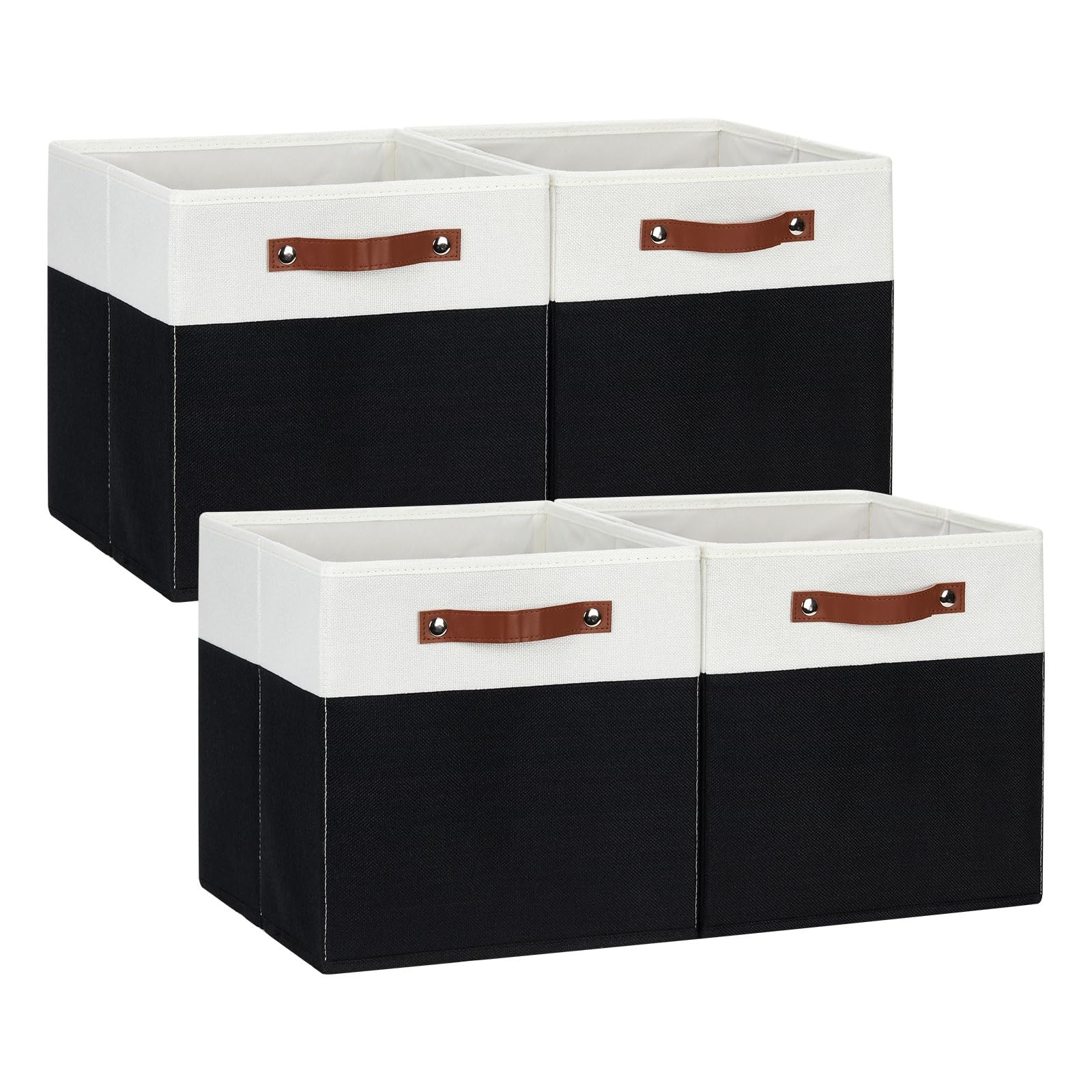 DULLEMELO Fabric Storage Bins for Shelves, Cube Storage Organizer Bins with PU Handles, Set of 4 Decorative Collapsible Storage Bins for Cube Storage,White&amp;Black