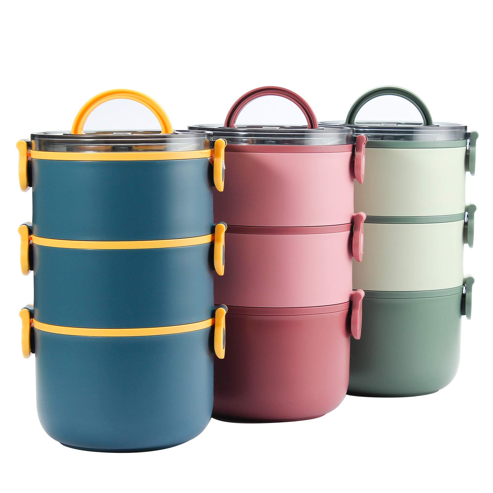 YFBXG Stackable Lunch Box, 3 Tier Stainless Steel Thermal Bento Lunch Box With Lunch Bag & Utensils, Compartment Lunch Container For Adults(Green)