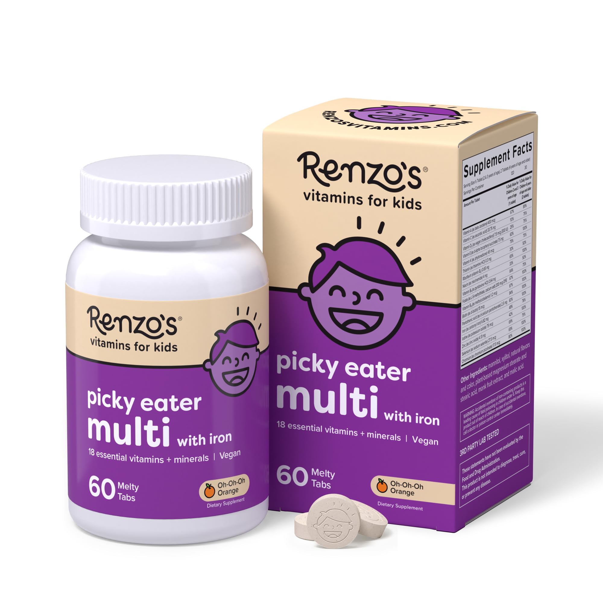 Renzo'sPicky Eater Kids Multivitamin with Iron, Dissolving Kids Vitamins with Vitamin D3 and K2 and More, 60 Sugar-Free Melty Tabs, Oh-Oh-Oh Orange Flavor