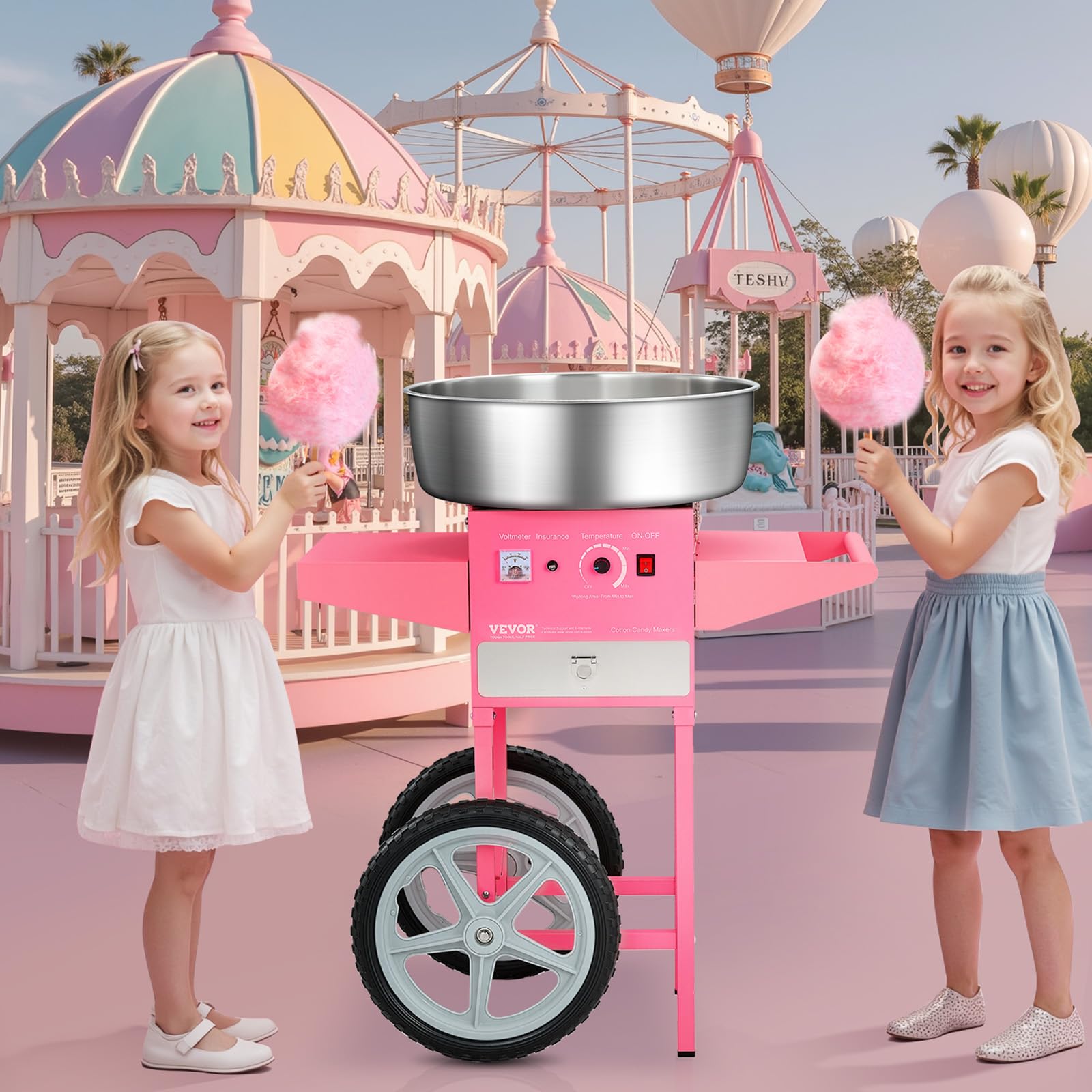 VEVOR Machine à barbe à papa électrique avec chariot, 1000 W, appareil à barbe à papa commercial avec bol en acier inox de 52 cm, cuillère à sucre et tiroir, pour fêtes d'anniversaires d'enfants, rose