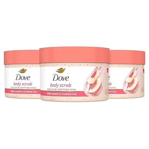 Dove Body Scrub White Peach & Crushed Rice 3 Count for Visibly Silky-Smooth, Nourished Skin, with ¼ Moisturizing Cream - White Peach & Crushed Rice - 10.5 Fl Oz (Pack of 3)