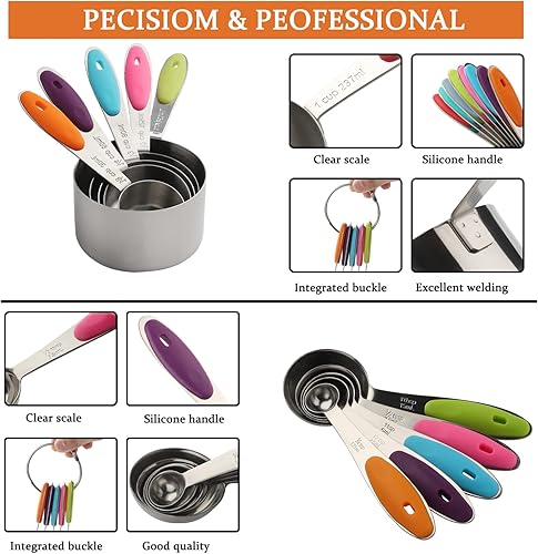 Miniatura 2 de Juego de 10 tazas medidoras y cucharas medidoras de acero inoxidable, incluye 5 tazas medidoras de anidación, 5 cucharas medidoras, para