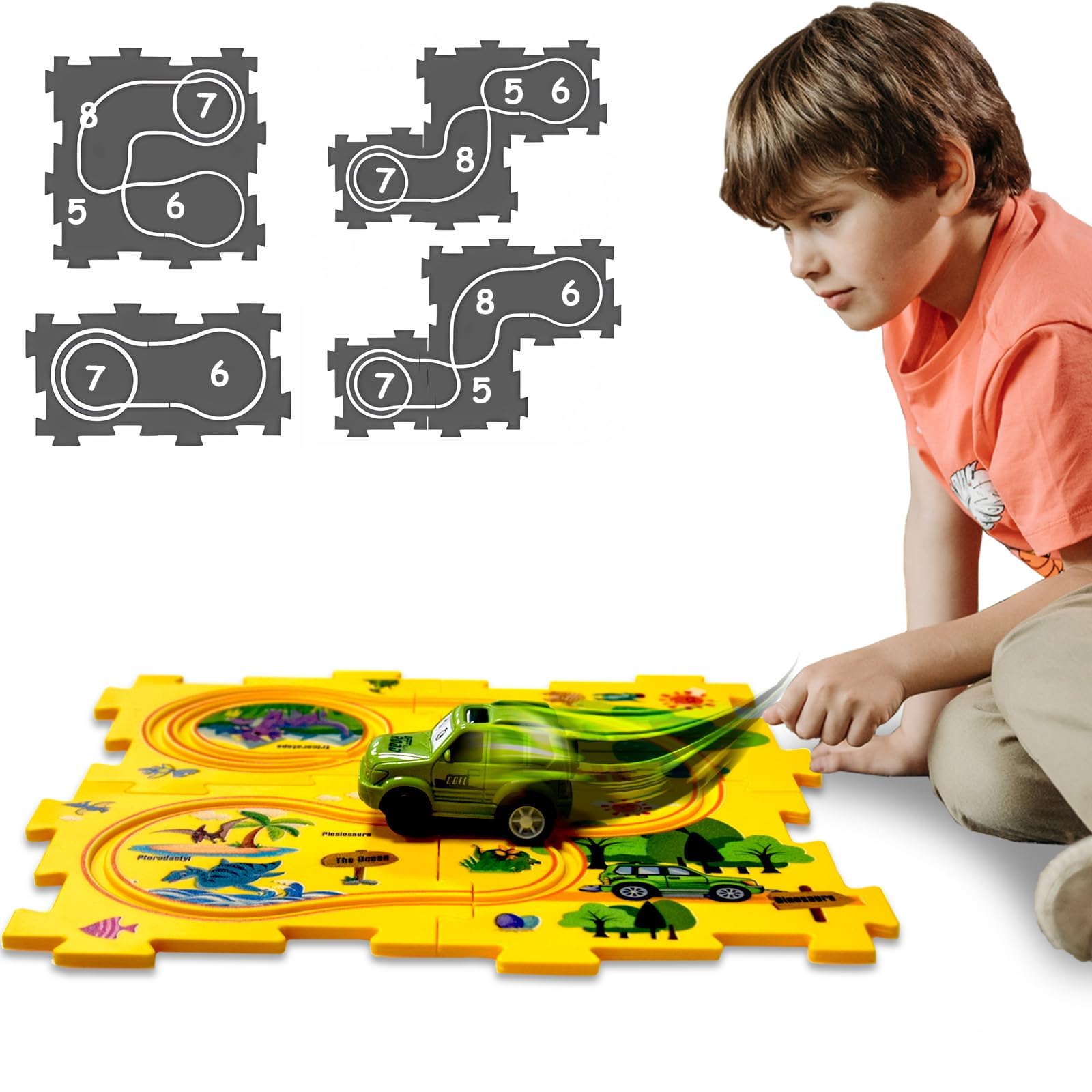 4 Year Old Boy Birthday Gift, Puzzle Racer Kids Car Track Set Puzzle Racer Car Track Set with Roadmap Puzzle Track Car Play Set Toys for 4 Year Old Boys (E-Dinosaur, Set3-5Pcs)