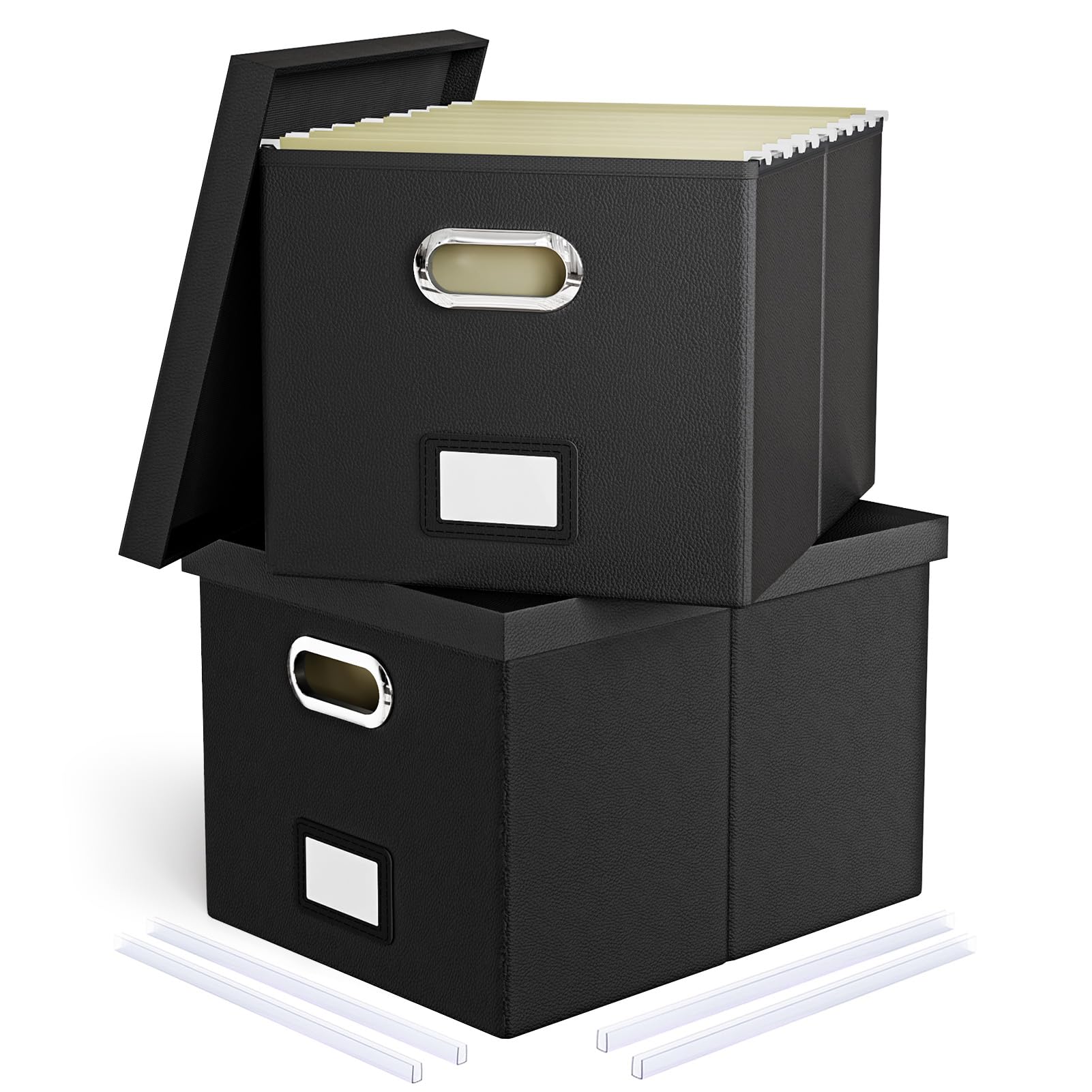 2 Pack File Storage Organizer Box, Portable Filing With Lid, Fit for Letter/Legal Folder Storage, Black (Leather)