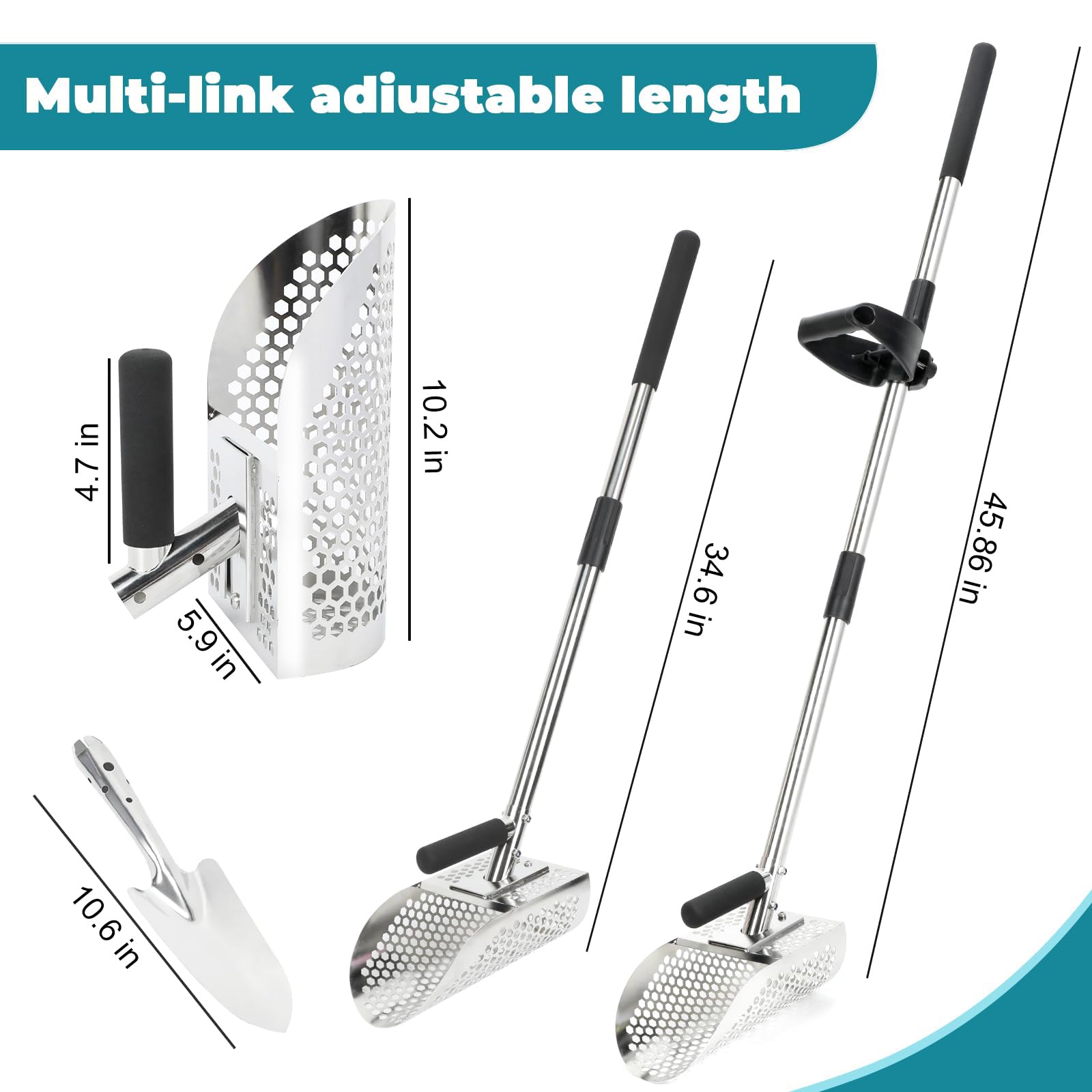 Long Handle Sand Scoop, Stainless Steel Shovel Scoop for Metal Detecting for Adults, Shovel Underwater Treasure Hunting, Adjustable Length, Handheld with Long Steel Handle Pole Design