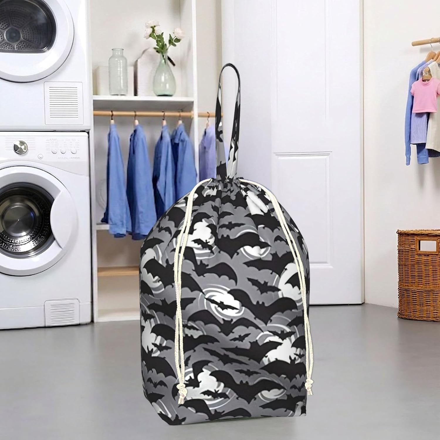 Oxford Halloween Bats Grey Print Large-capacity drawstring laundry bag with Handles for Dorm,Hotel