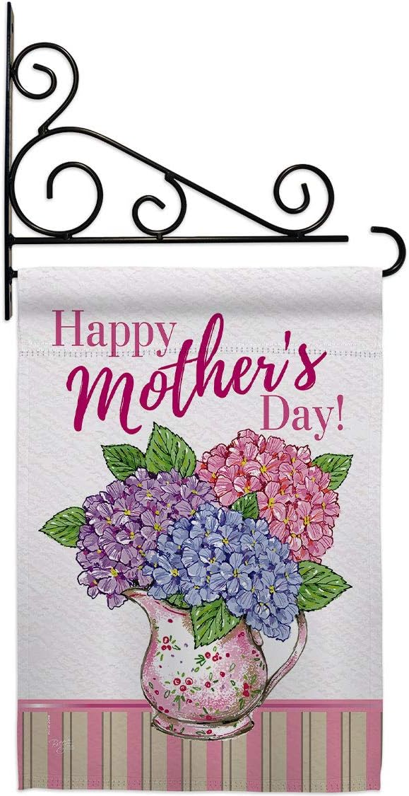 Mother Day Hydrangeas Garden Flag Set Wall Holder Family Mom Mama Grandma Love Flowers Parent Sibling Relatives Grandparent Small Decorative Gift Yard House Banner Made In USA 13 X 18.5