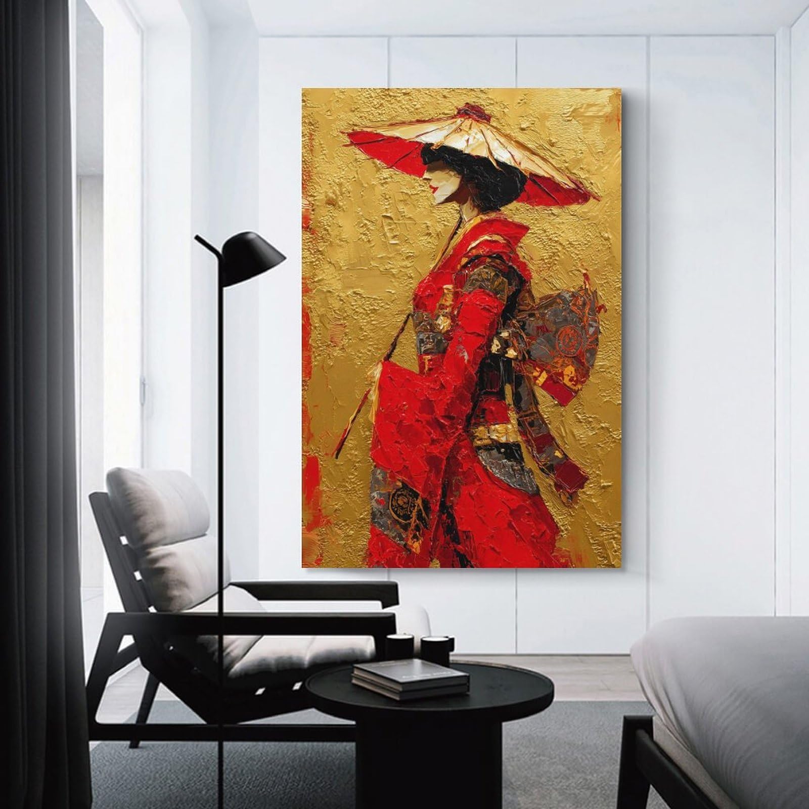 Junmoney Canvas Art Print Geisha with Red Umbrella, 20x30inch(50x75cm), for Office, Study Or Home Workspace, Home Office Artwork with Decorative Appeal
