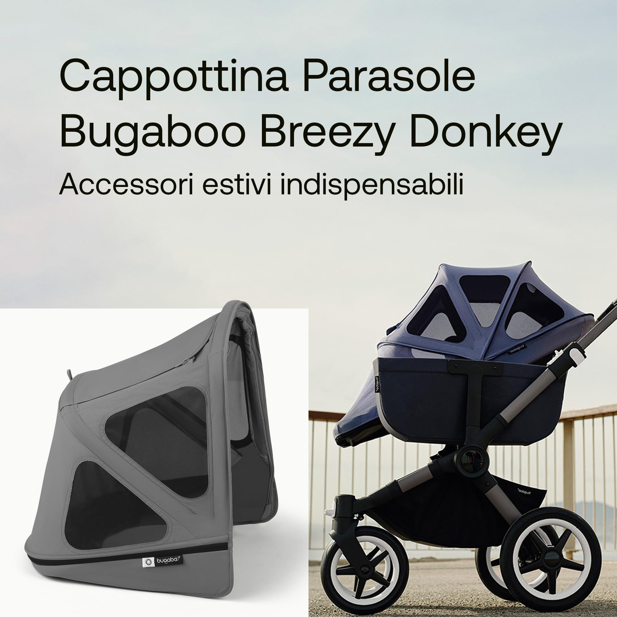 Bugaboo Donkey Cappottina Breezy, Estensibile per una maggiore copertura e una Protezione Solare ottimale, Resistente all'Acqua, Compatibile Con Tutti i Passeggini Donkey, Moon Grey