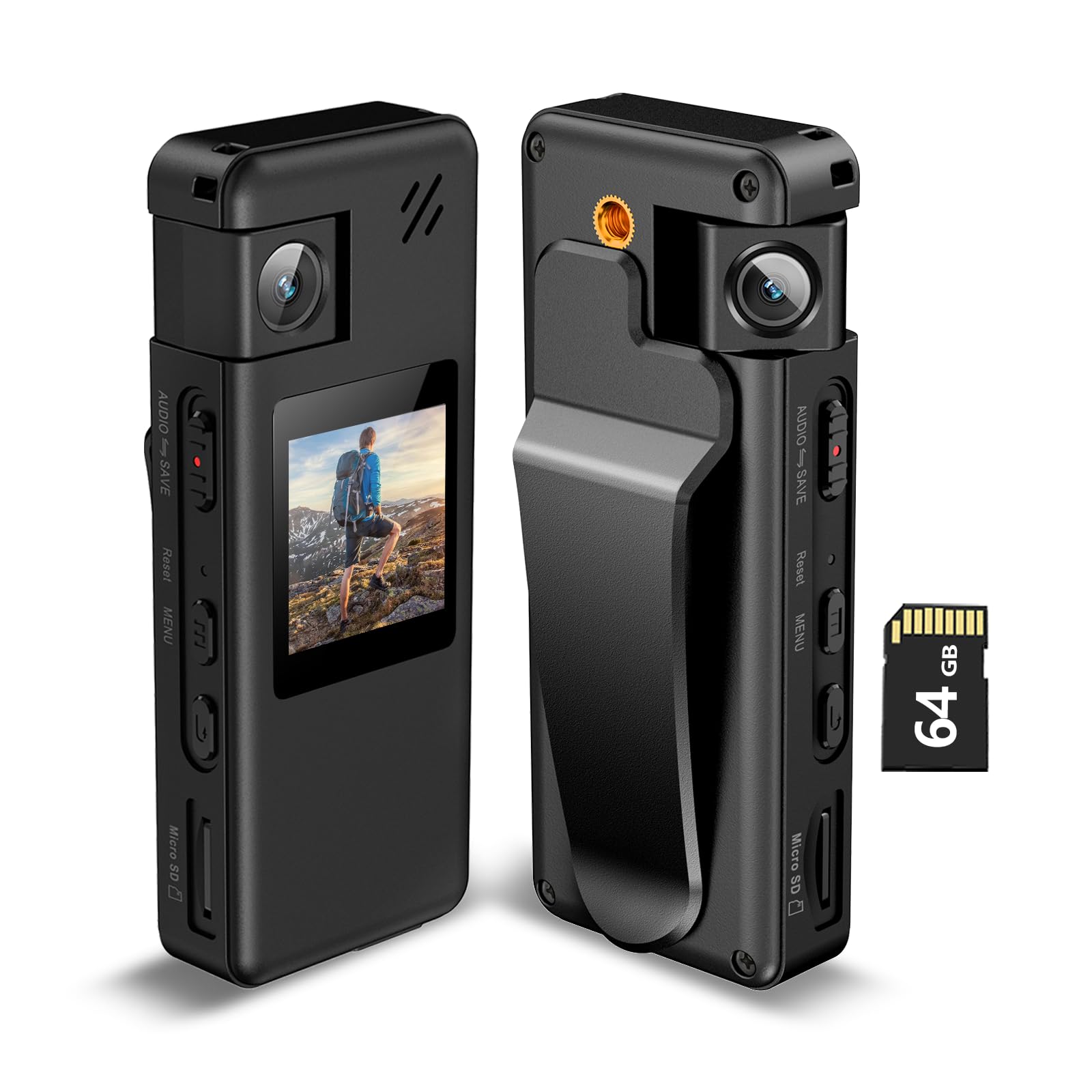 A32 64GB Caméra de Corps, Caméra Corporelle Portable avec Objectif Rotatif 180° et Détection de Mouvement, Caméscope 1080P avec Enregistrement Audio et Vidéo pour Outdoor Sports Police Livrais